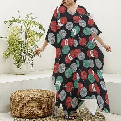 Crochet Yarn Pattern Print Silk V-Neck Kaftan Dress