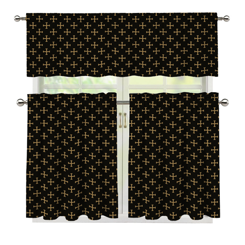 Cross Orthodox Pattern Print 3 Piece Kitchen Curtains