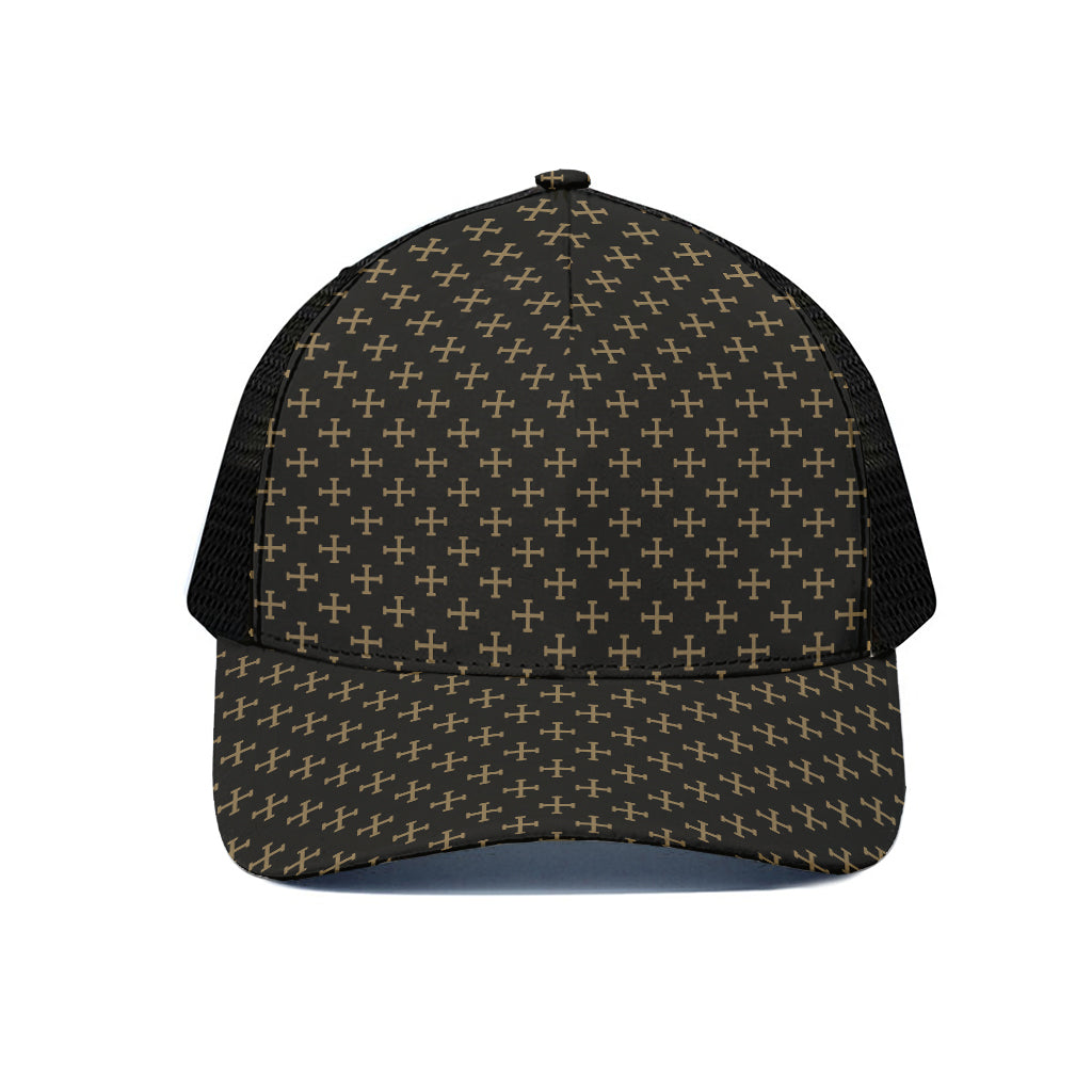 Cross Orthodox Pattern Print Black Mesh Trucker Cap