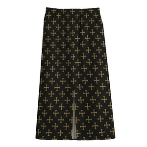 Cross Orthodox Pattern Print Cotton Front Slit Maxi Skirt