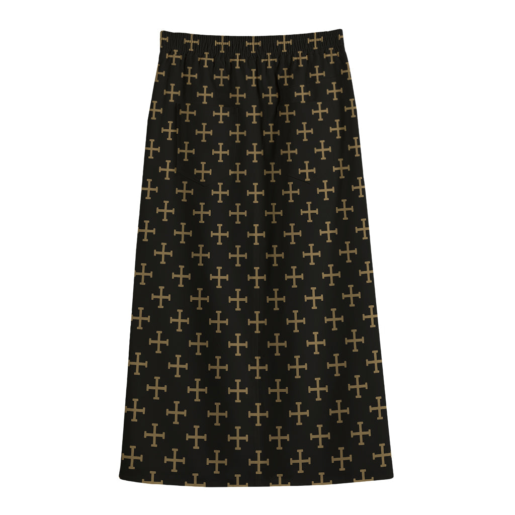 Cross Orthodox Pattern Print Cotton Front Slit Maxi Skirt