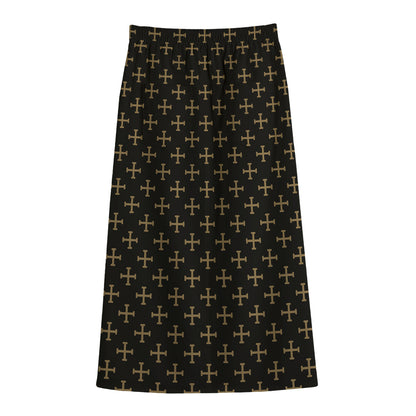 Cross Orthodox Pattern Print Cotton Front Slit Maxi Skirt