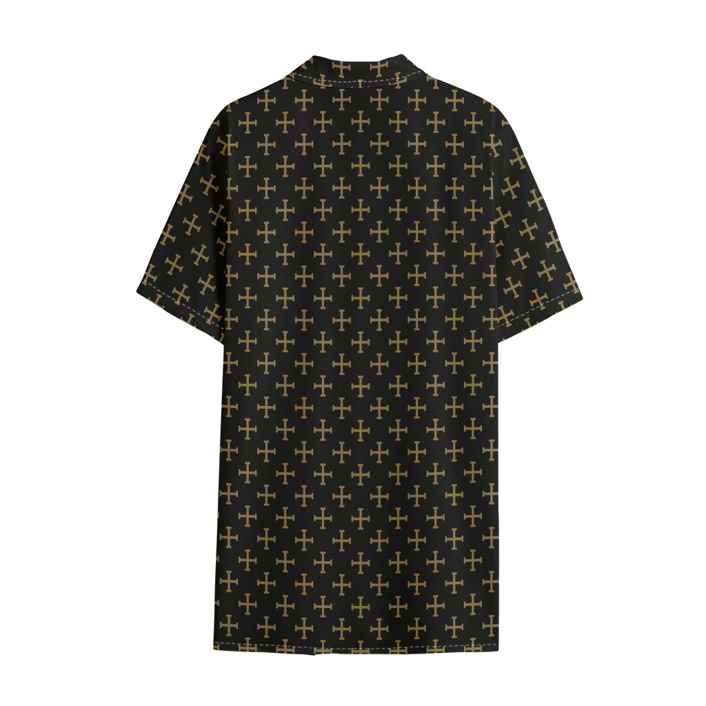 Cross Orthodox Pattern Print Cotton Hawaiian Shirt
