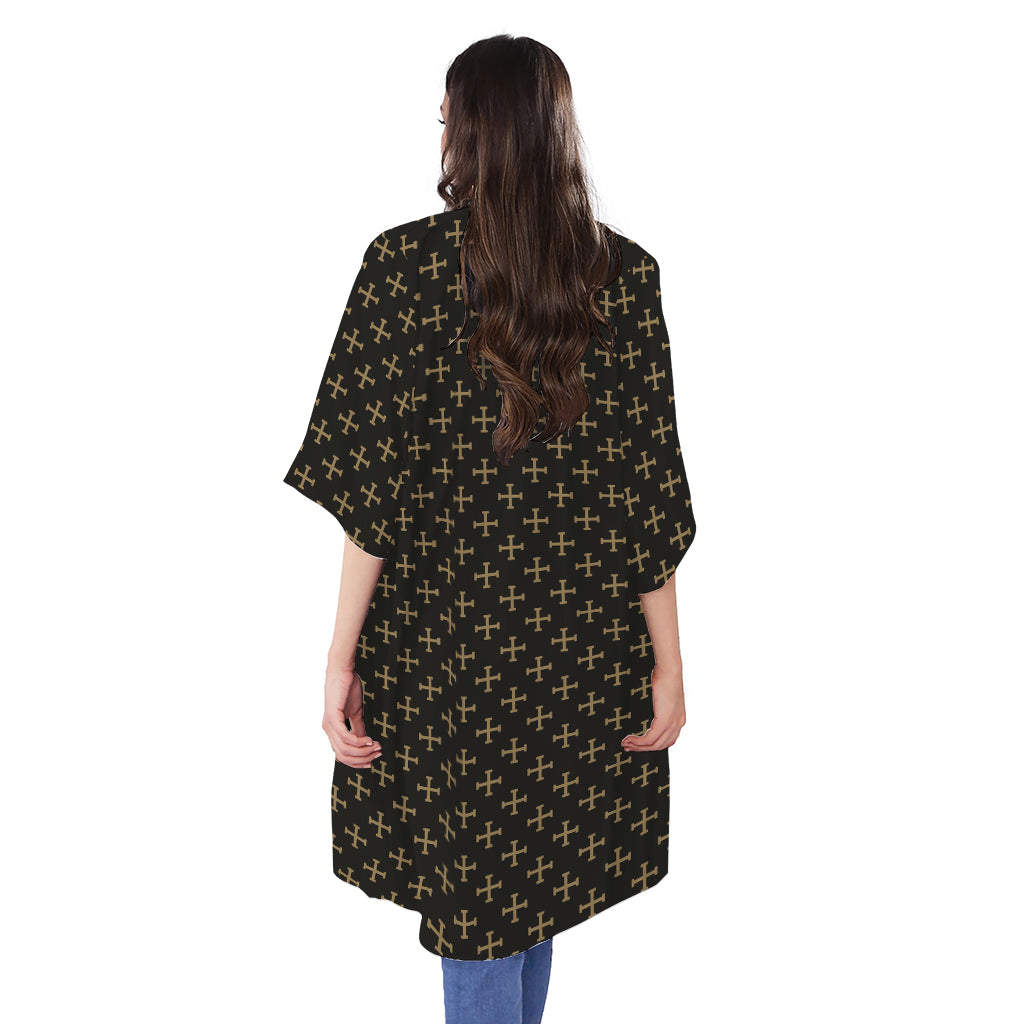 Cross Orthodox Pattern Print Open Front Beach Cover Up