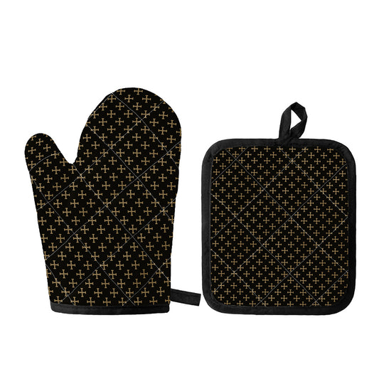 Cross Orthodox Pattern Print Oven Mitt And Pot Holder Set