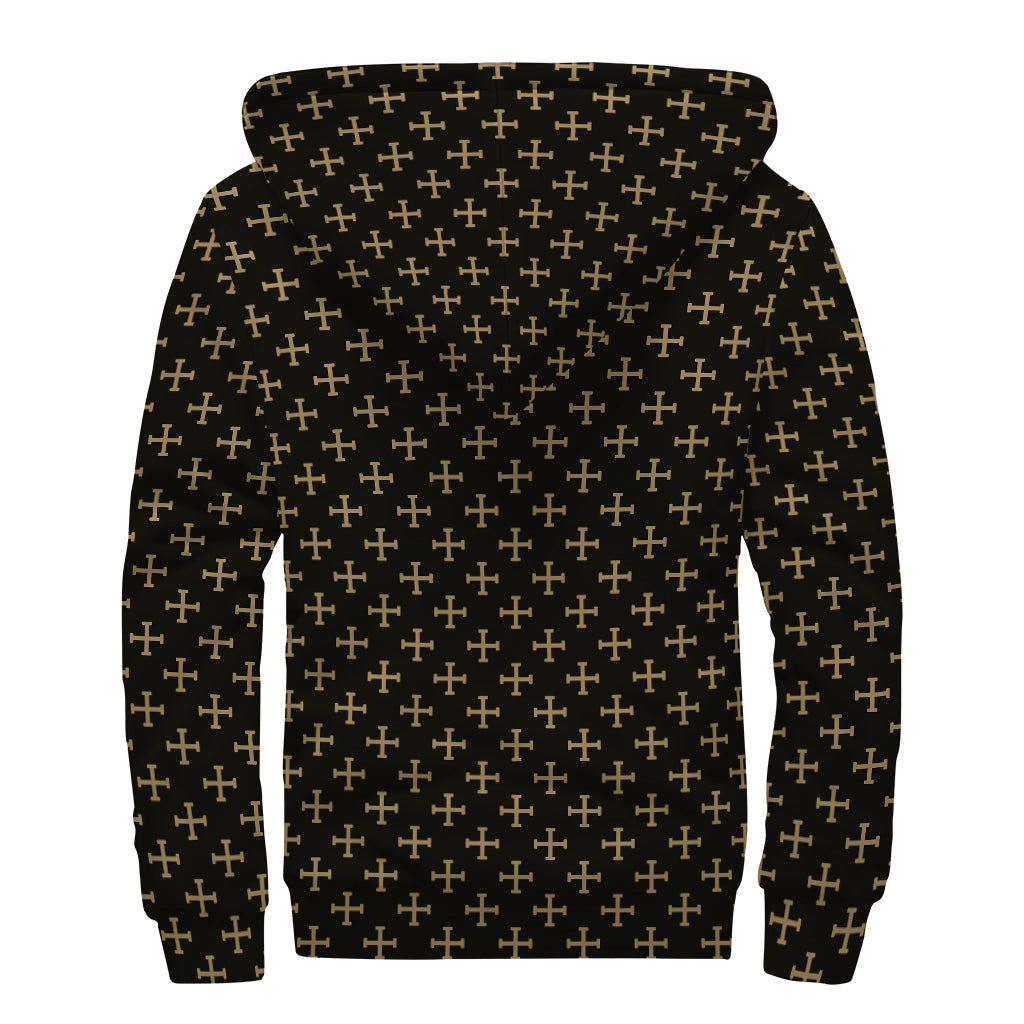 Cross Orthodox Pattern Print Sherpa Lined Zip Up Hoodie