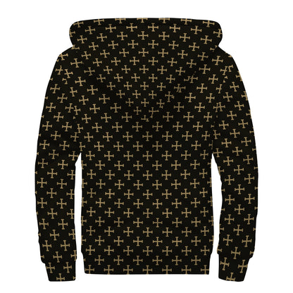 Cross Orthodox Pattern Print Sherpa Lined Zip Up Hoodie