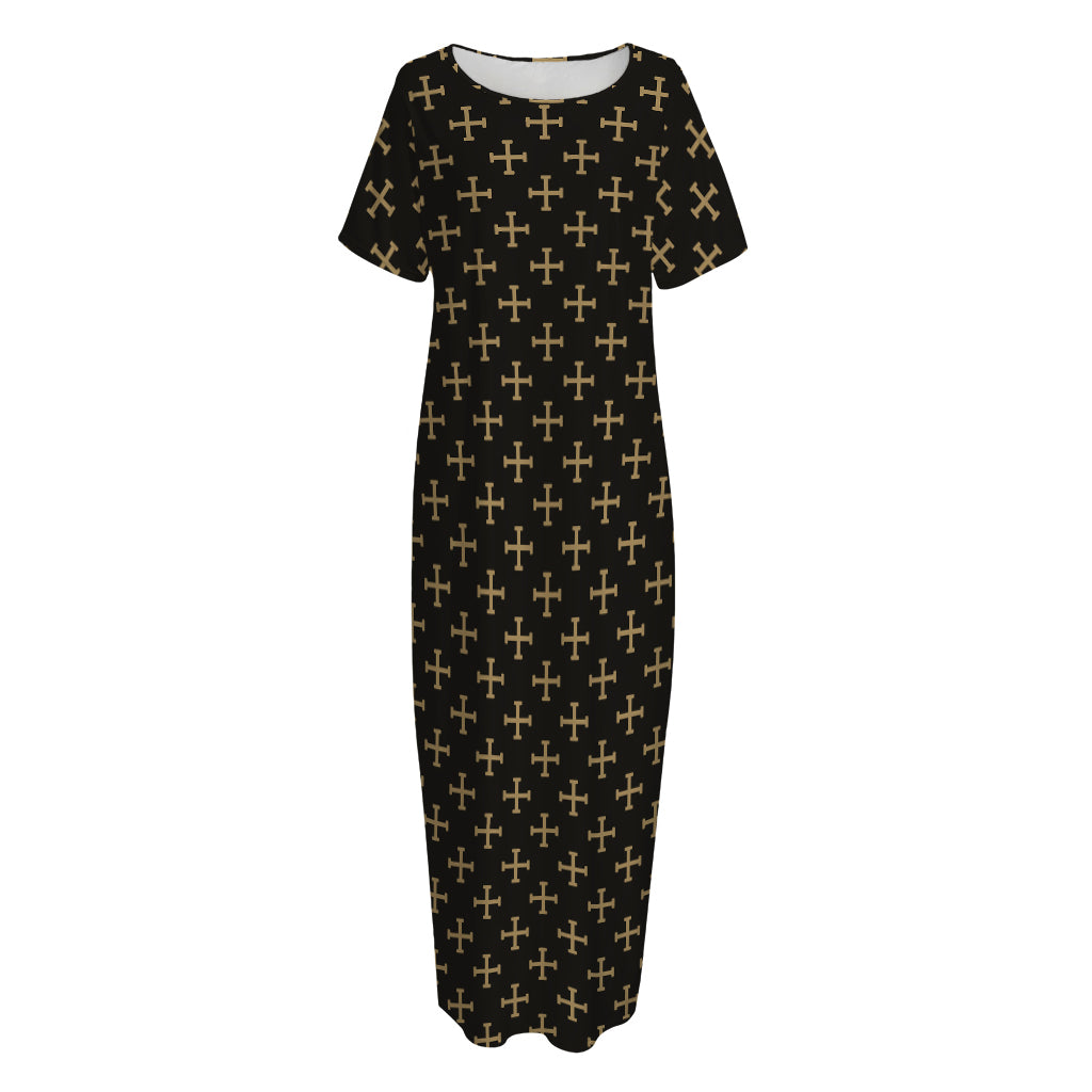 Cross Orthodox Pattern Print Short Sleeve Long Nightdress