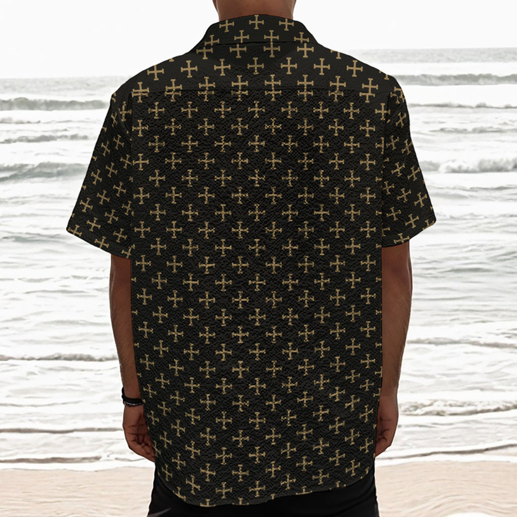 Cross Orthodox Pattern Print Textured Short Sleeve Shirt