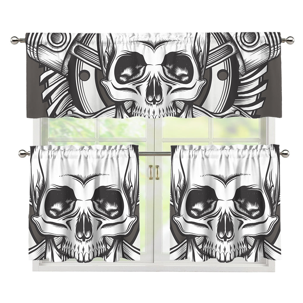 Cross Piston Mechanic Skull Print 3 Piece Kitchen Curtains