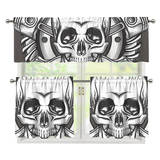 Cross Piston Mechanic Skull Print 3 Piece Kitchen Curtains