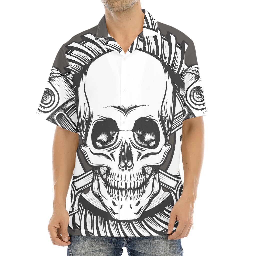 Cross Piston Mechanic Skull Print Aloha Shirt