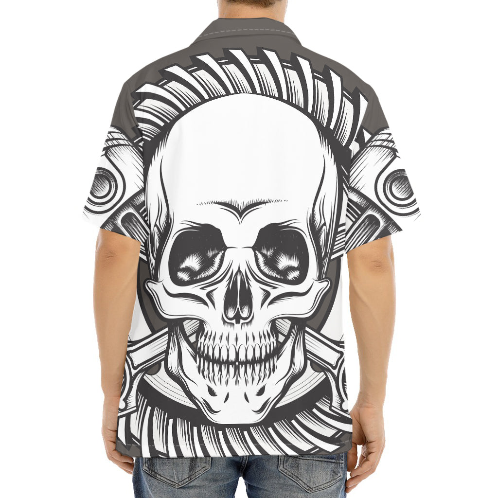 Cross Piston Mechanic Skull Print Aloha Shirt