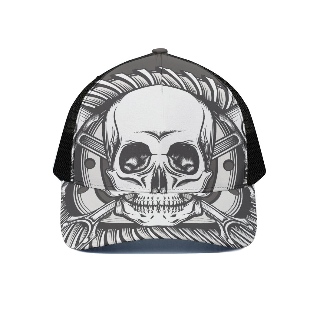 Cross Piston Mechanic Skull Print Black Mesh Trucker Cap