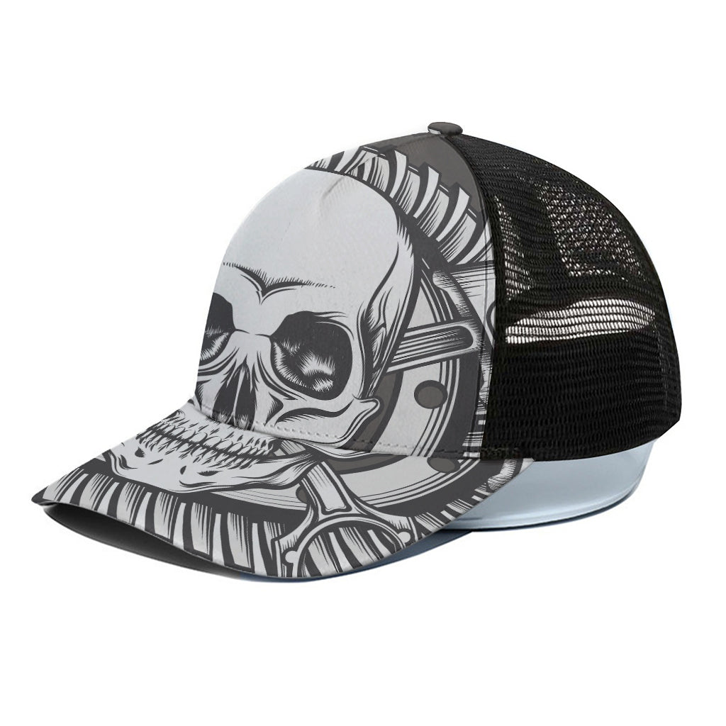 Cross Piston Mechanic Skull Print Black Mesh Trucker Cap