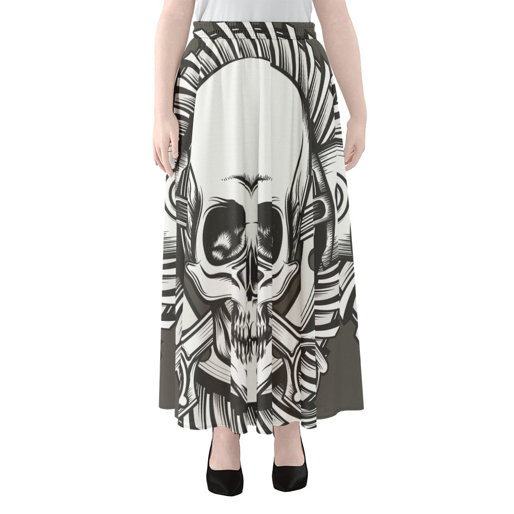 Cross Piston Mechanic Skull Print Chiffon Maxi Skirt