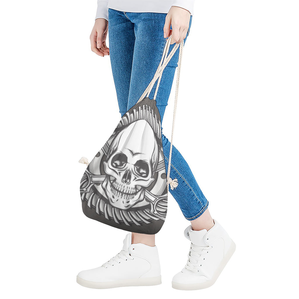 Cross Piston Mechanic Skull Print Drawstring Bag