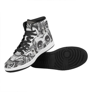 Cross Piston Mechanic Skull Print High Top Leather Sneakers