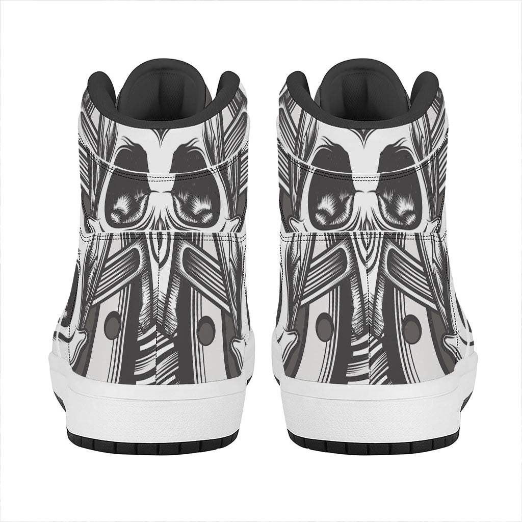 Cross Piston Mechanic Skull Print High Top Leather Sneakers