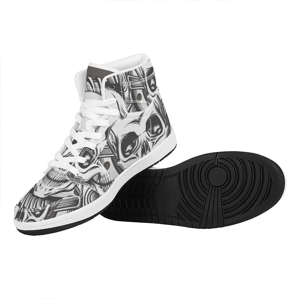 Cross Piston Mechanic Skull Print High Top Leather Sneakers