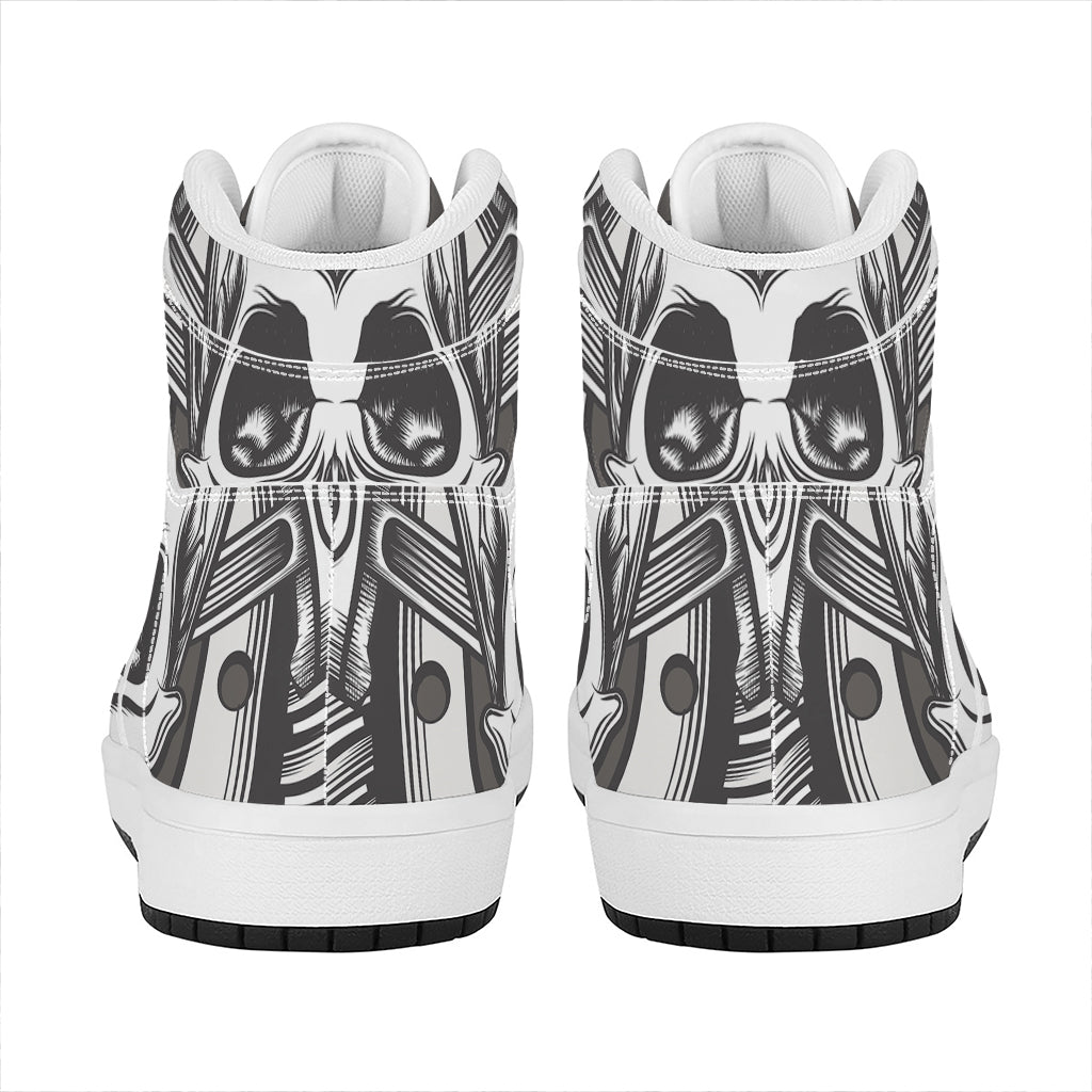 Cross Piston Mechanic Skull Print High Top Leather Sneakers