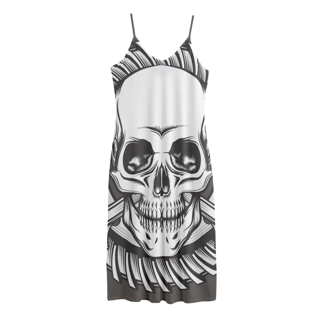 Cross Piston Mechanic Skull Print Jersey Midi Cami Dress