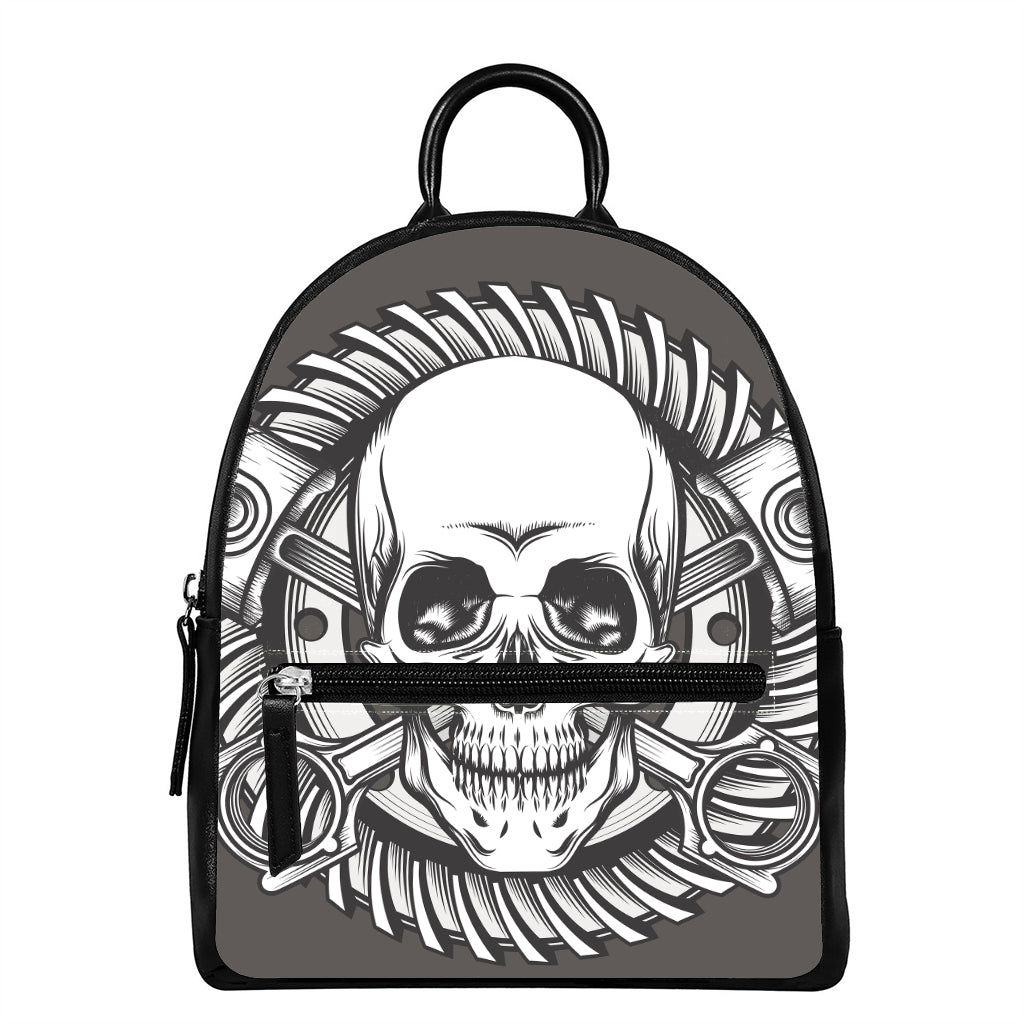 Cross Piston Mechanic Skull Print Leather Backpack