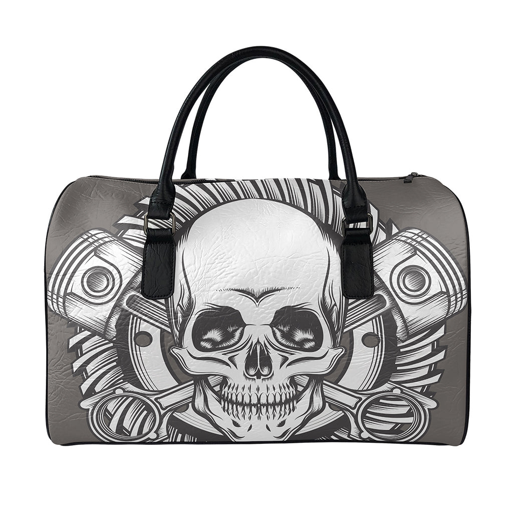 Cross Piston Mechanic Skull Print Leather Duffle Bag