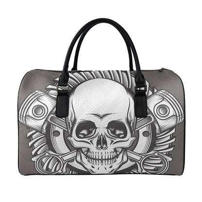 Cross Piston Mechanic Skull Print Leather Duffle Bag
