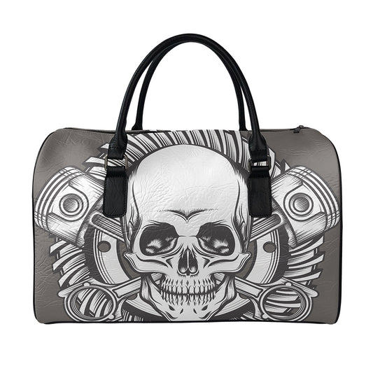 Cross Piston Mechanic Skull Print Leather Duffle Bag