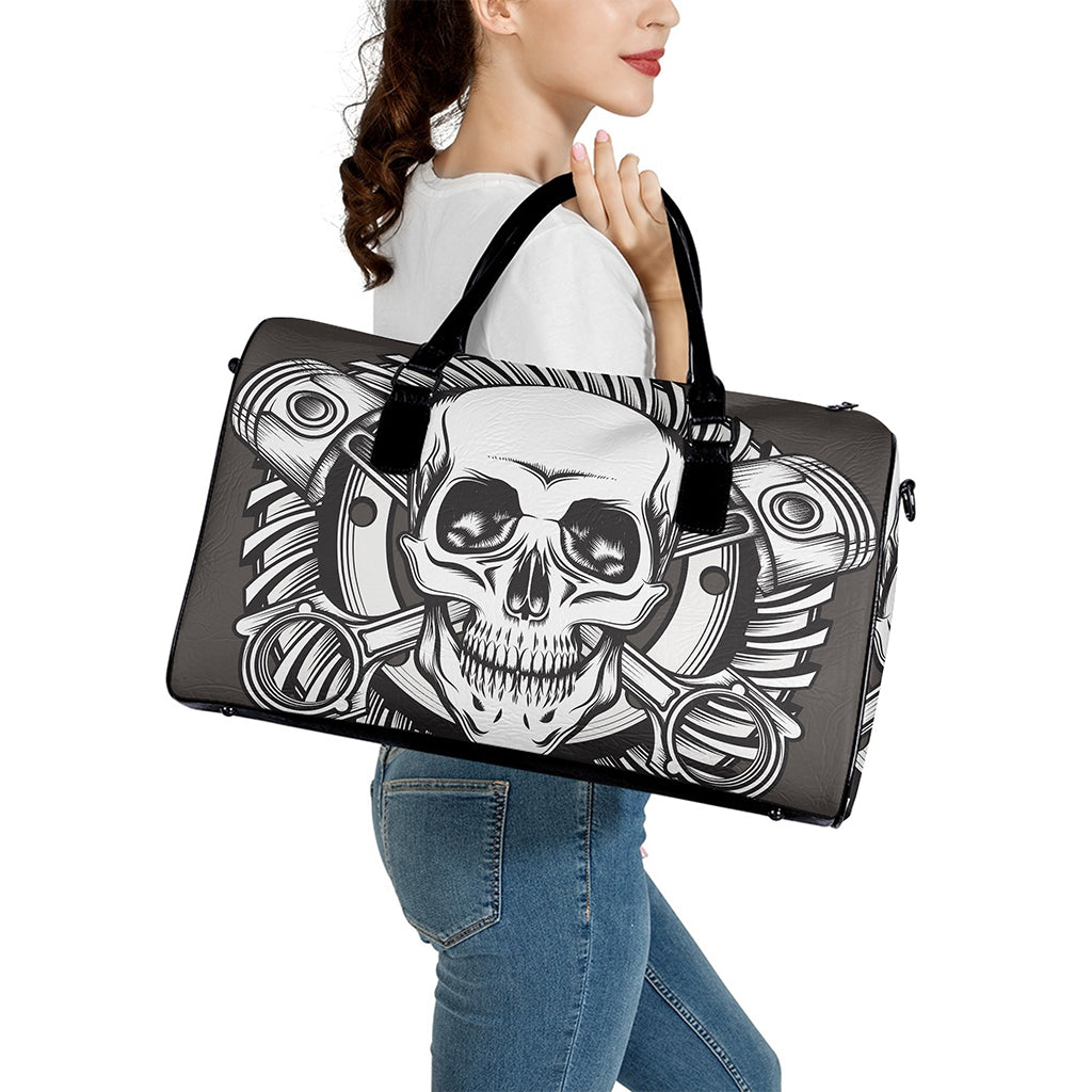 Cross Piston Mechanic Skull Print Leather Duffle Bag