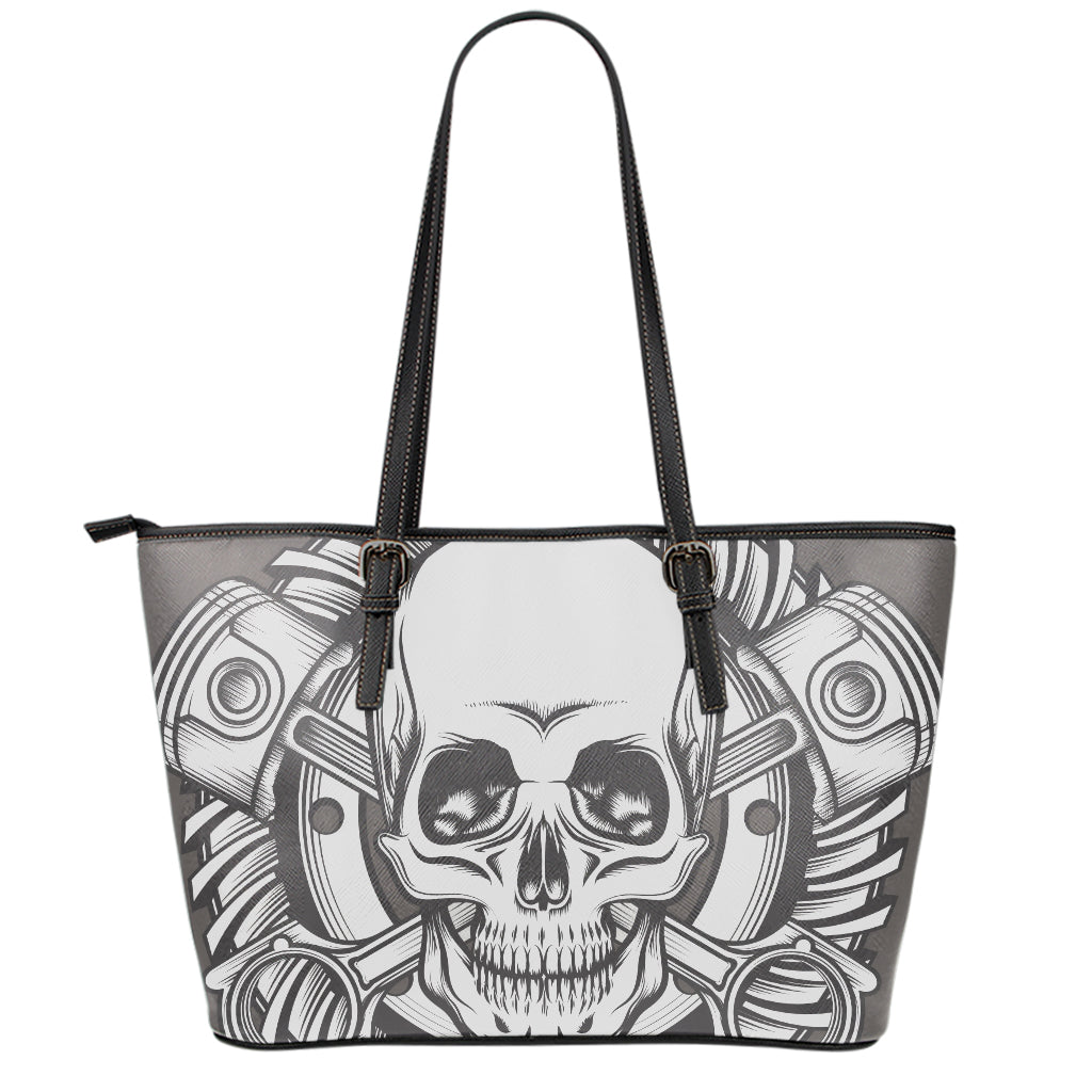 Cross Piston Mechanic Skull Print Leather Tote Bag