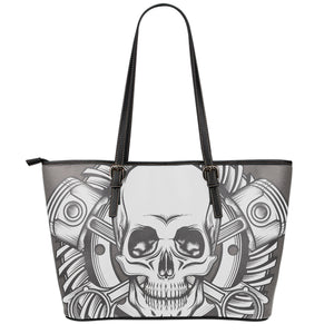 Cross Piston Mechanic Skull Print Leather Tote Bag