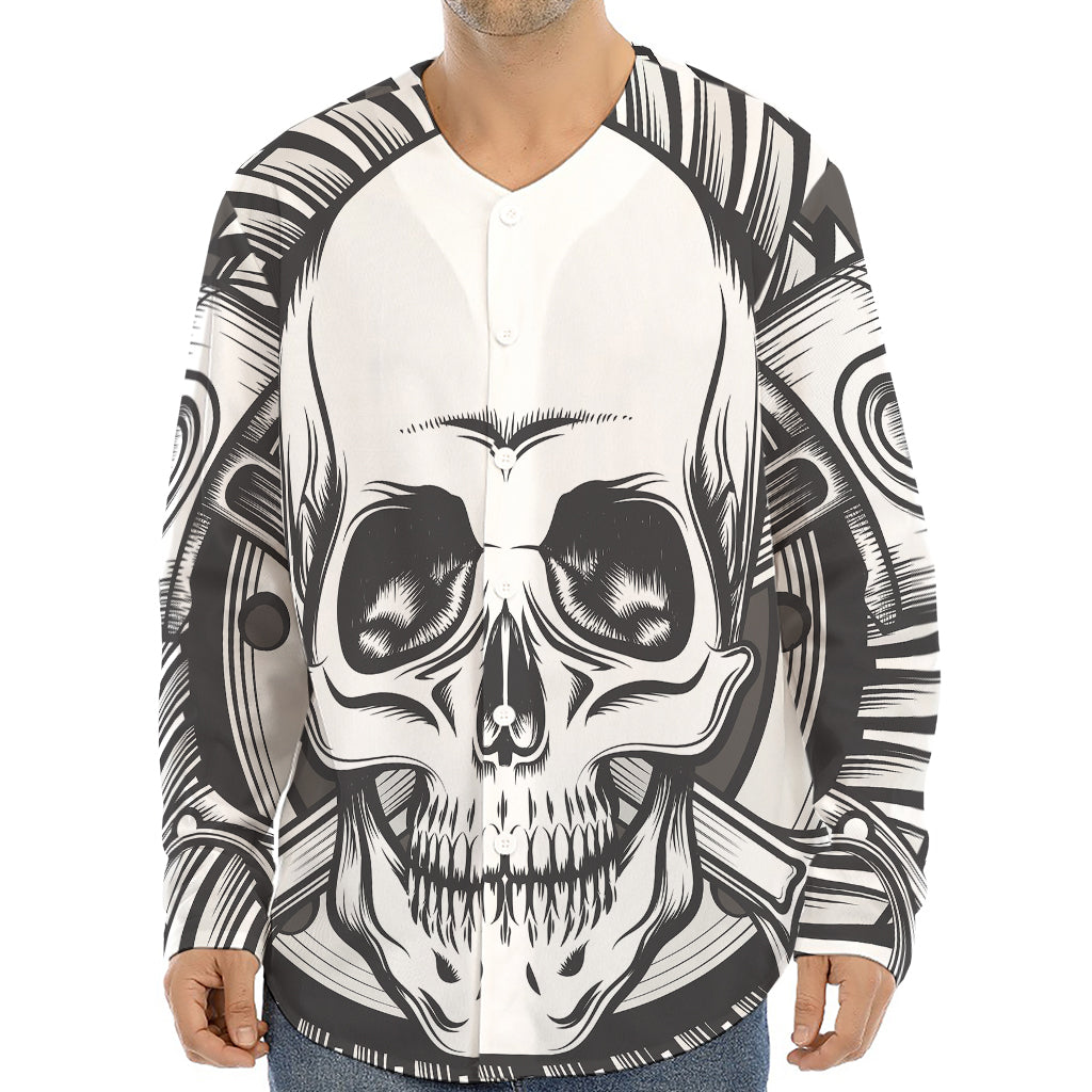 Cross Piston Mechanic Skull Print Long Sleeve Baseball Jersey