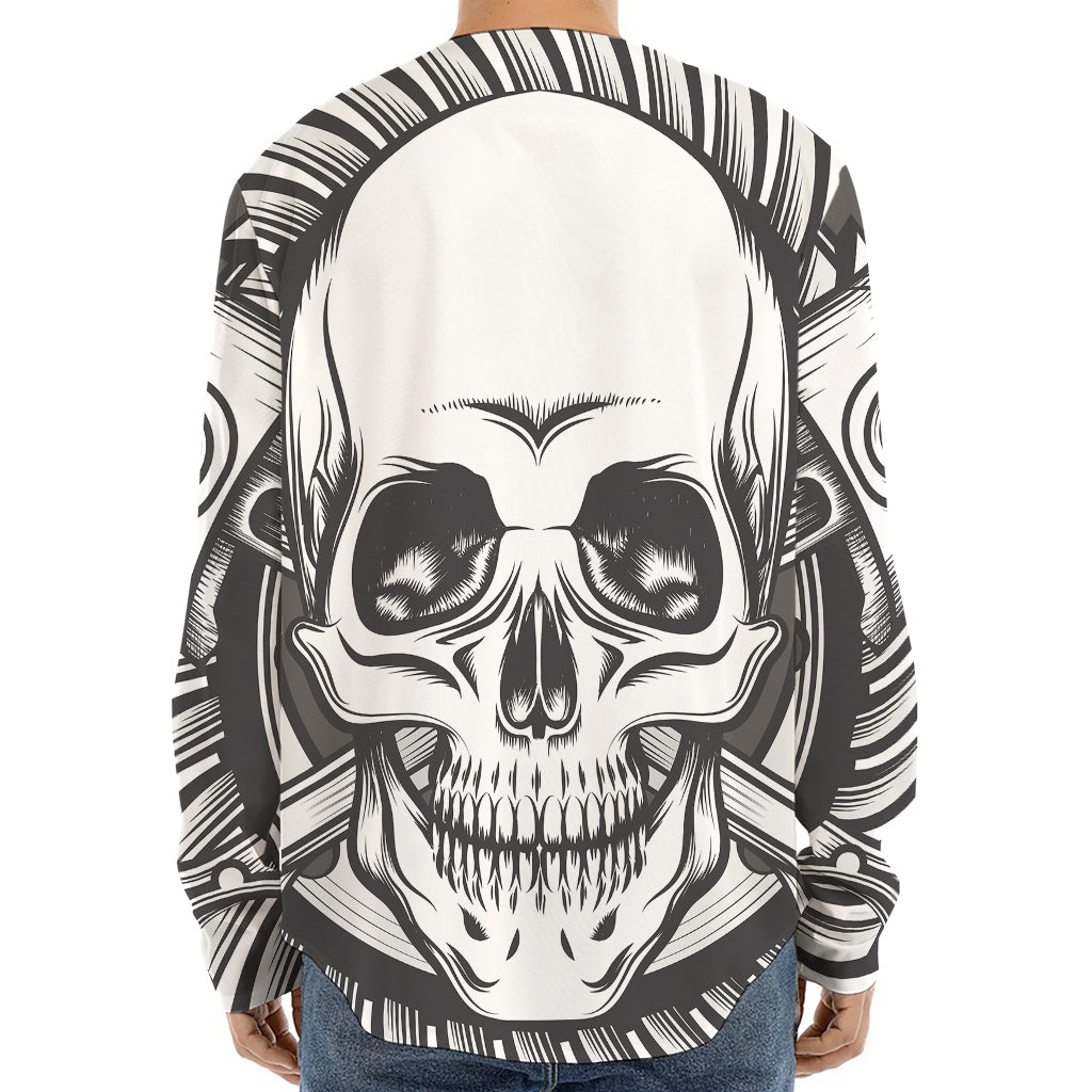 Cross Piston Mechanic Skull Print Long Sleeve Baseball Jersey