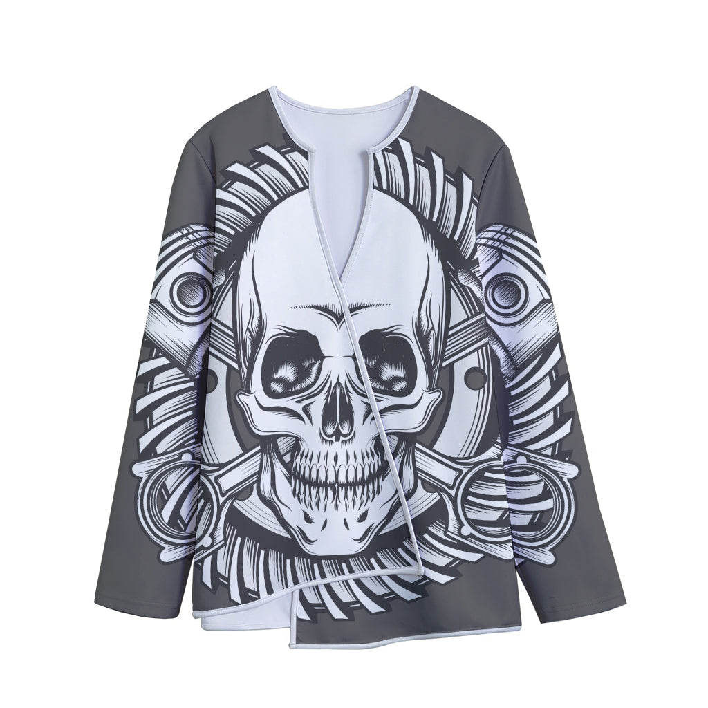 Cross Piston Mechanic Skull Print Long Sleeve Short Coat