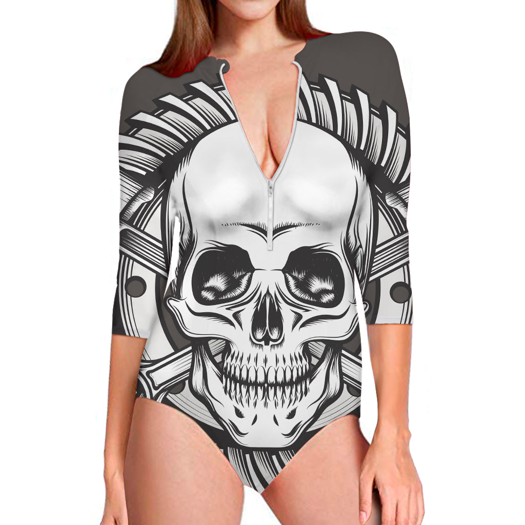 Cross Piston Mechanic Skull Print Long Sleeve Swimsuit