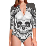 Cross Piston Mechanic Skull Print Long Sleeve Swimsuit