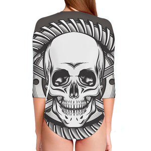 Cross Piston Mechanic Skull Print Long Sleeve Swimsuit