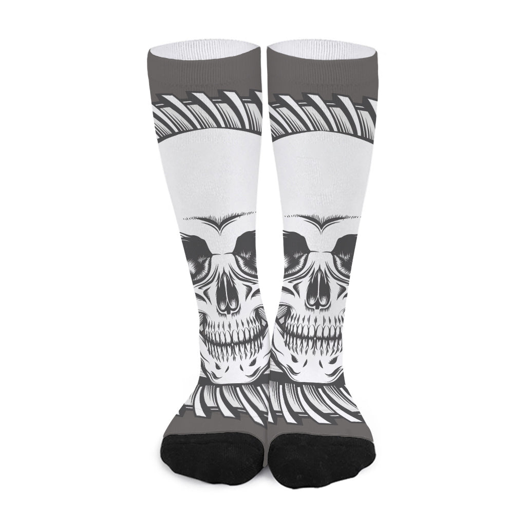 Cross Piston Mechanic Skull Print Long Socks