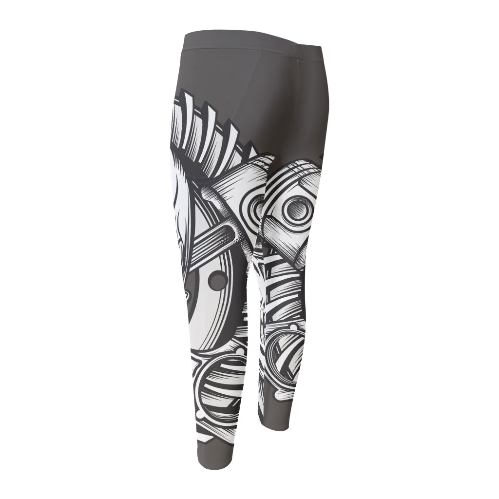 Cross Piston Mechanic Skull Print Men's Compression Pants