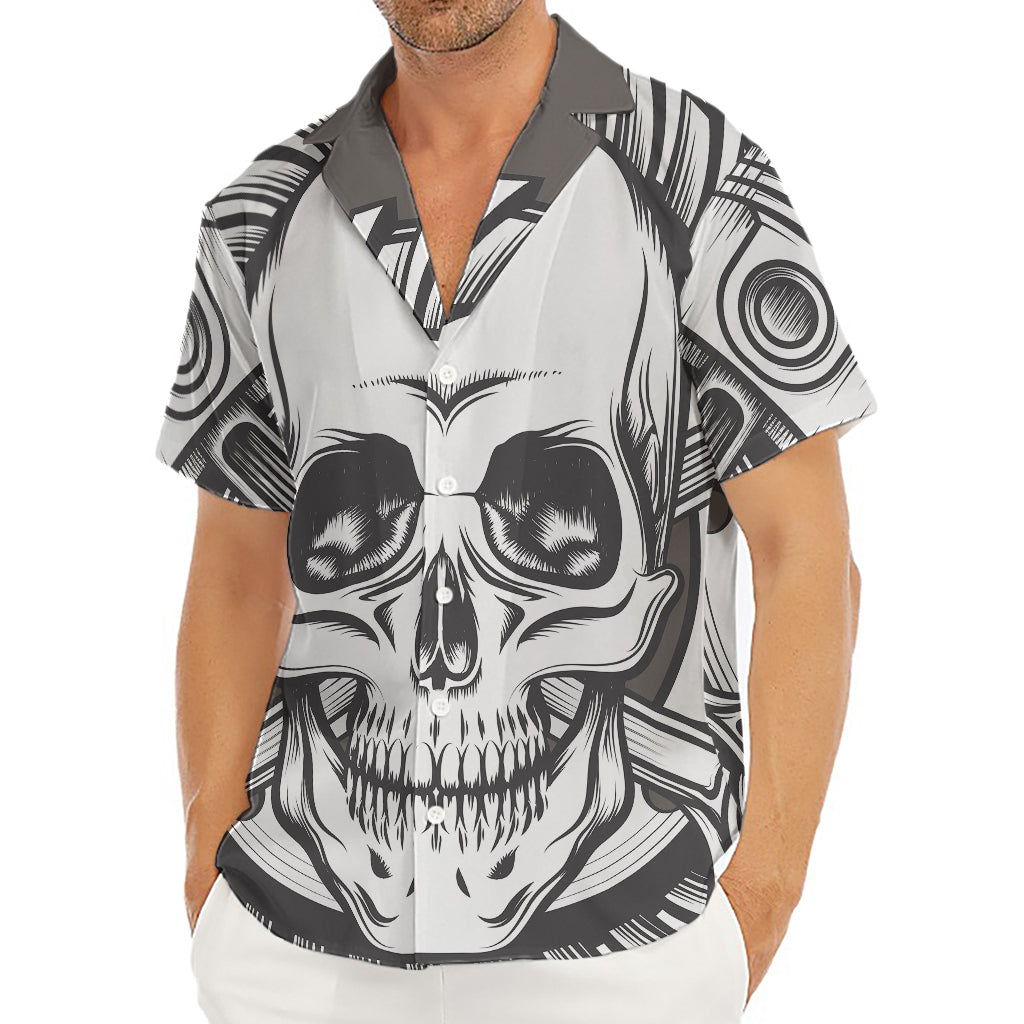 Cross Piston Mechanic Skull Print Men's Deep V-Neck Shirt