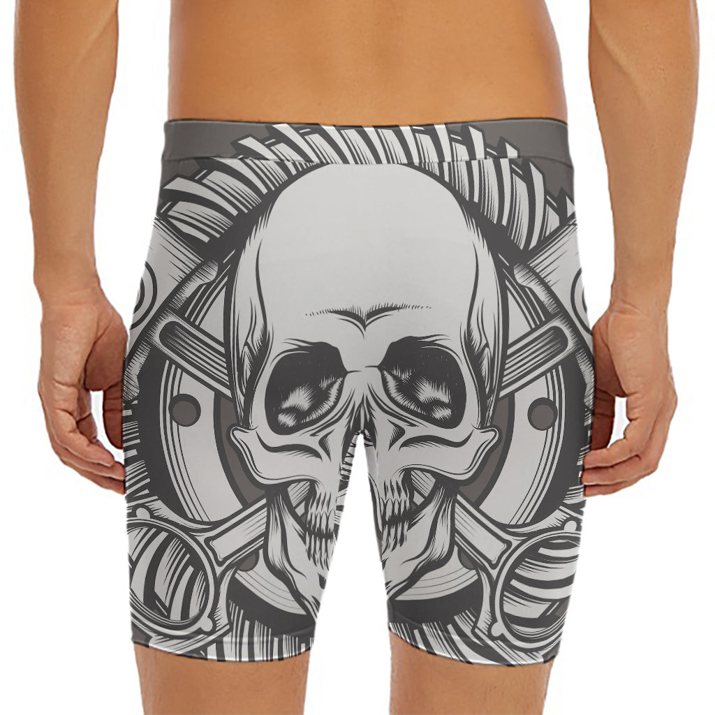 Cross Piston Mechanic Skull Print Men's Long Boxer Briefs