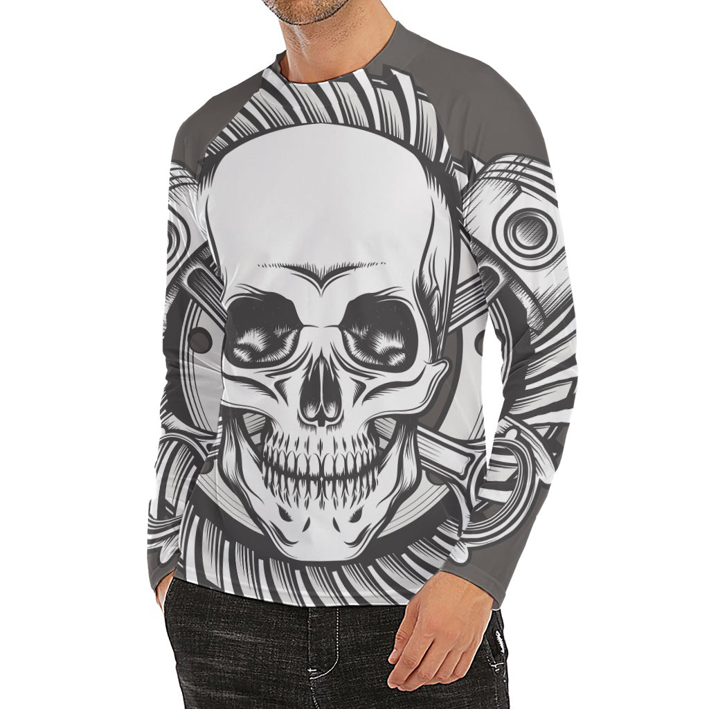 Cross Piston Mechanic Skull Print Men's Long Sleeve Rash Guard