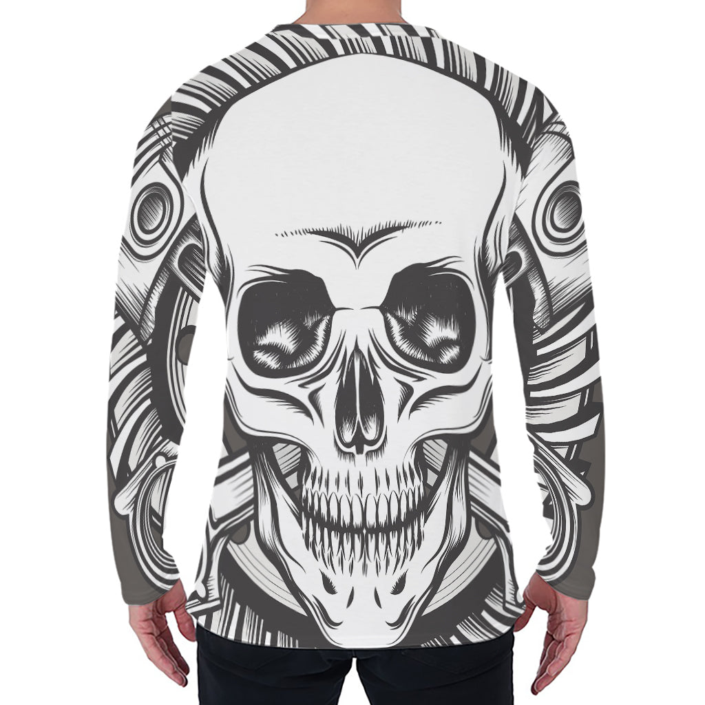 Cross Piston Mechanic Skull Print Men's Long Sleeve T-Shirt