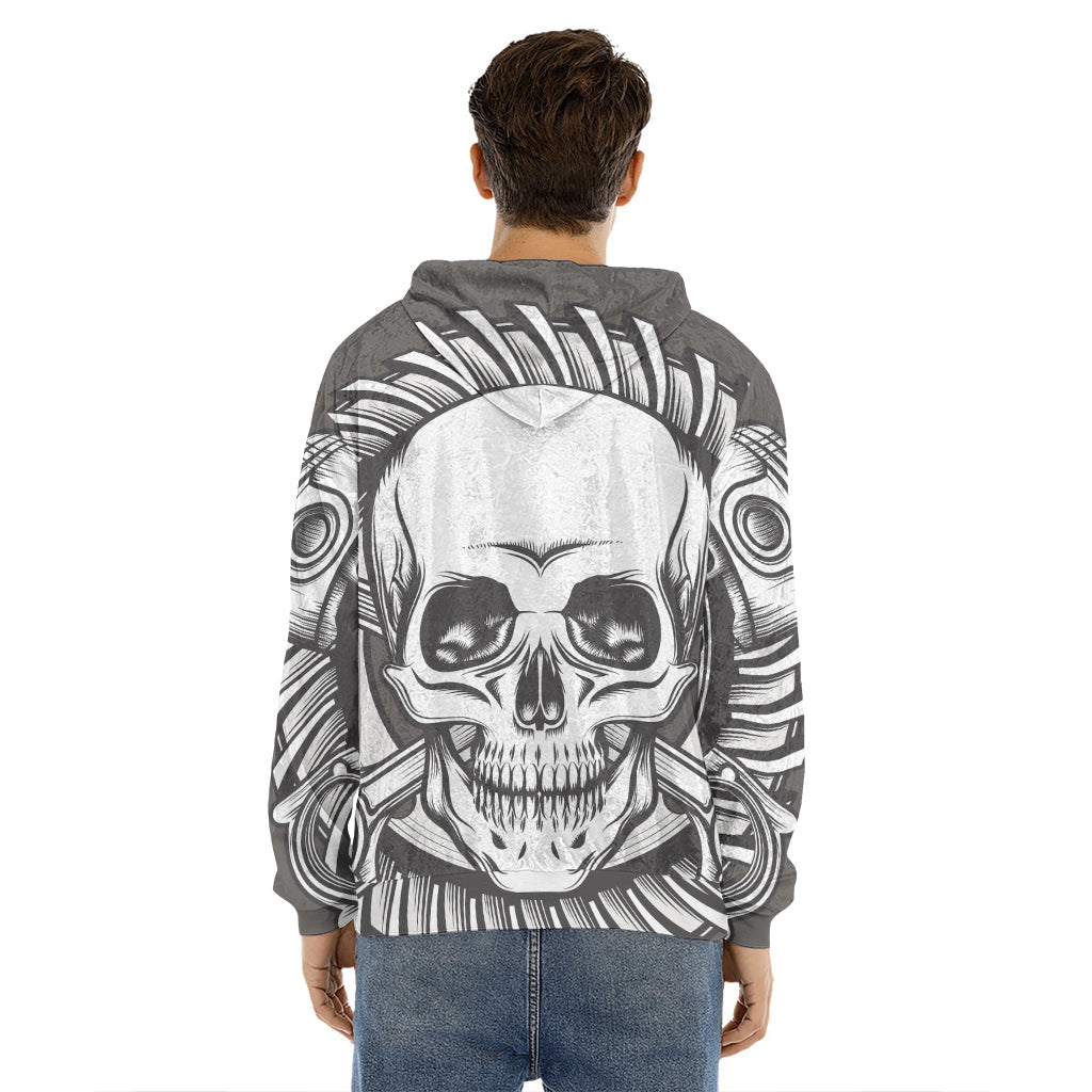 Cross Piston Mechanic Skull Print Men's Velvet Pullover Hoodie