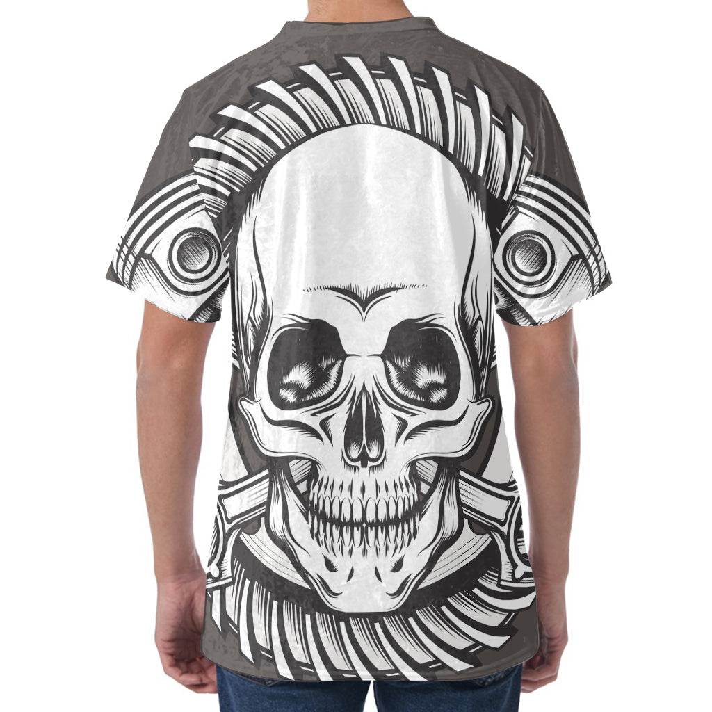 Cross Piston Mechanic Skull Print Men's Velvet T-Shirt