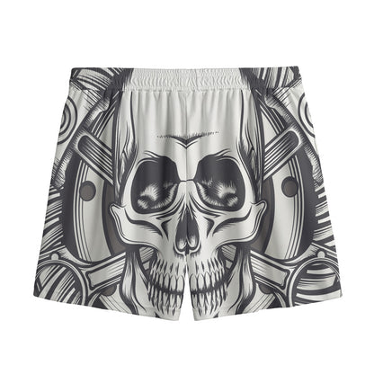 Cross Piston Mechanic Skull Print Mesh Shorts