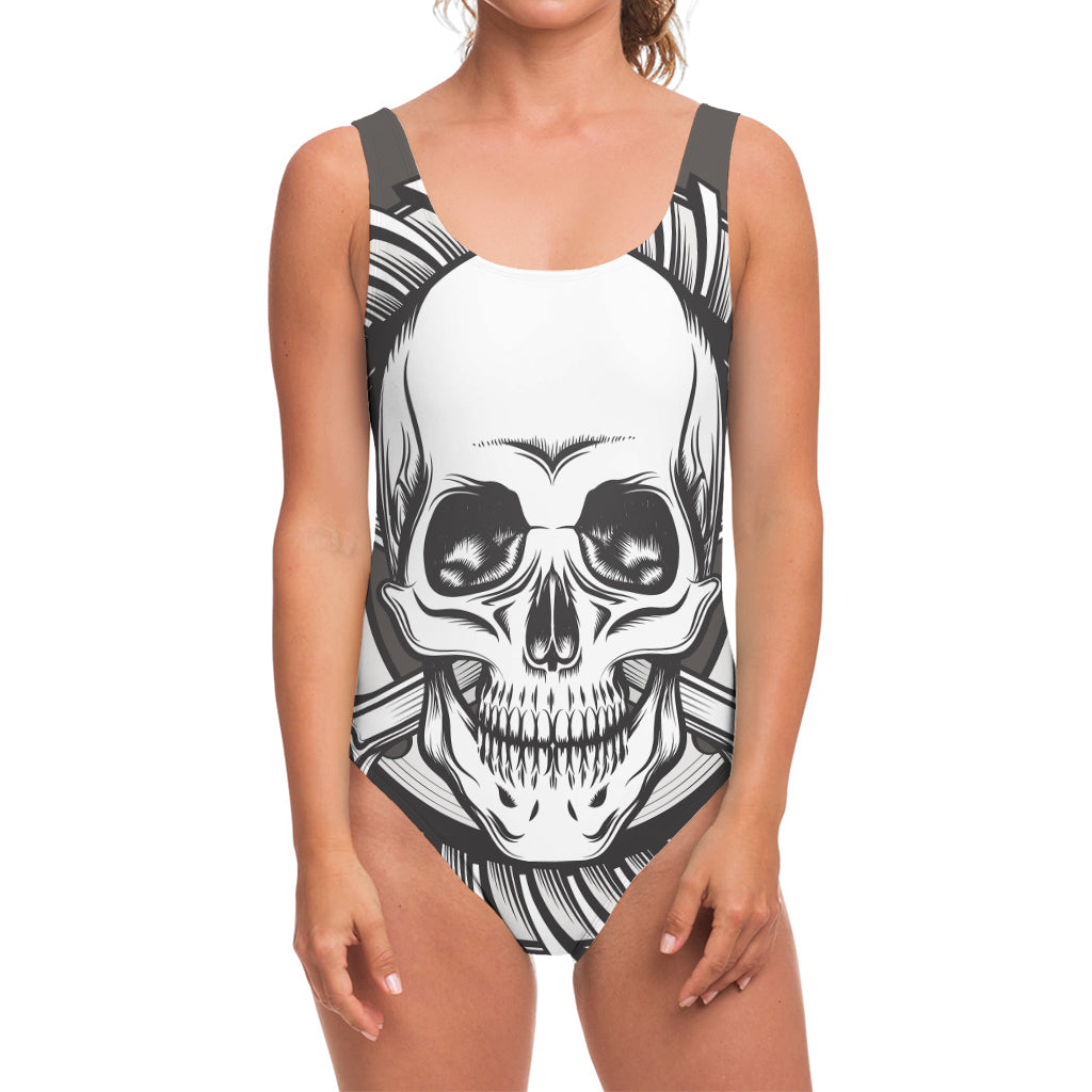 Cross Piston Mechanic Skull Print One Piece Swimsuit