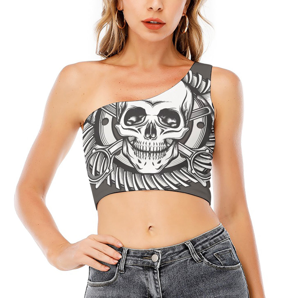 Cross Piston Mechanic Skull Print One Shoulder Crop Top